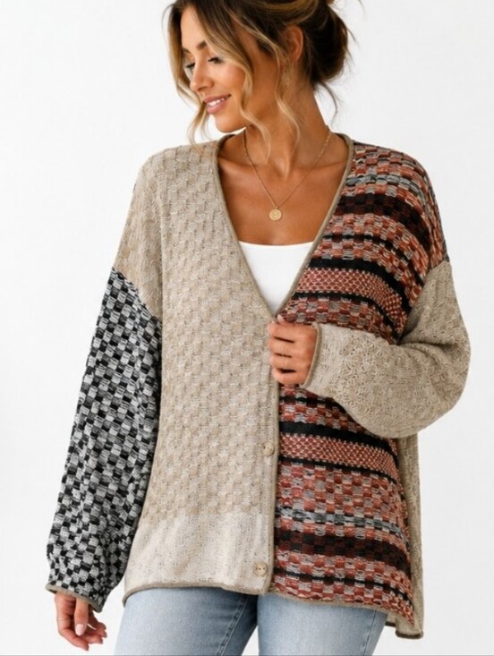 Gilded Intent Sweaters - Gilded Intent XL Patchwork Checkered Knit Cardigan Sweater Rust Black Boho